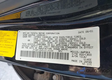 2001 Lexus Rx 300 z USA, uszkodzony, nr VIN JTJGF10U010114164